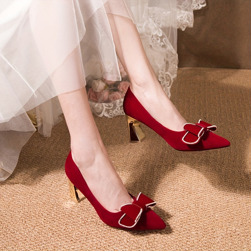 Bowknot Decor Wedding Shoes Pointed Toe Chunky Heels Dress Shoes
