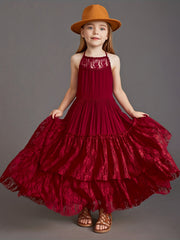 Girl's Halter Lace Maxi Dress For Wedding Piano Performance