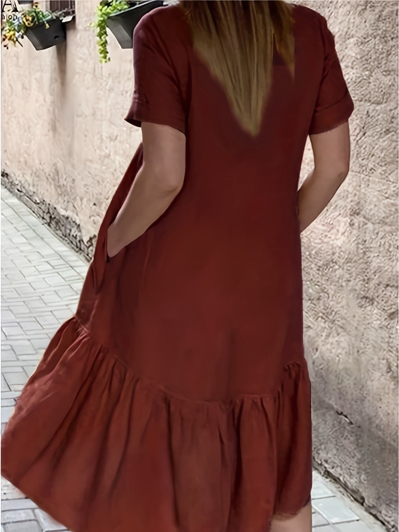 Solid Round Neck Smock Dress With Pockets