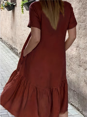 Solid Round Neck Smock Dress With Pockets