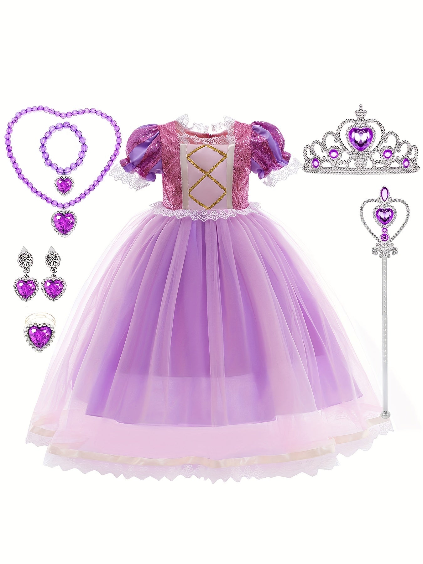 6pcs Girls Purple Princess Dress Costume Jewelry & Flower Hairband