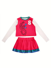 2pcs Girls Cheerleading Outfits Top Skirt Set Splicing Design