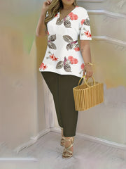 Floral Print V Neck Tunic Top & Skinny Pant Set