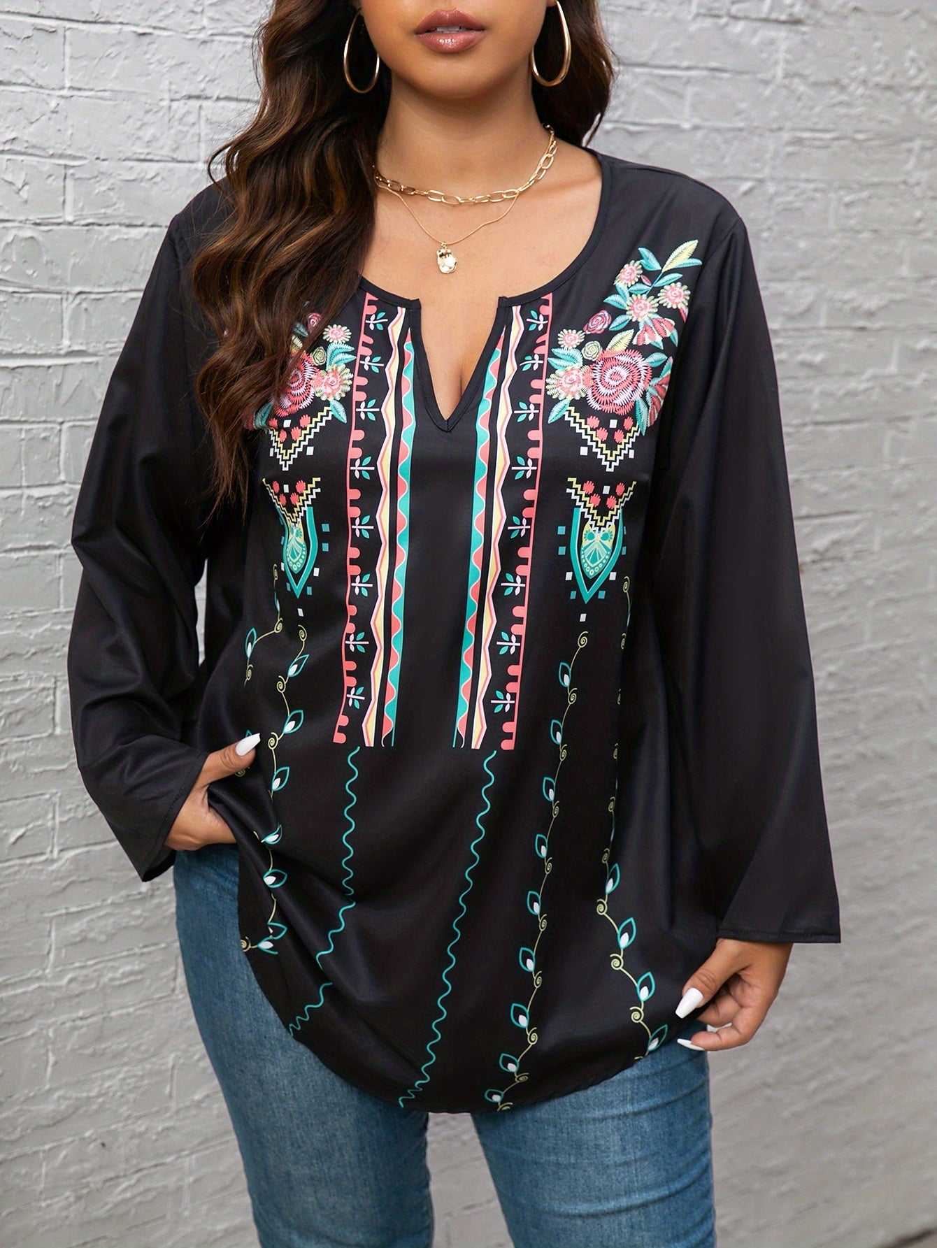 Floral Print Notched Neck Tunic Top
