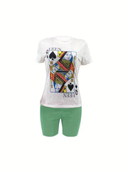 Poker Print Crew Neck Two Piece Set