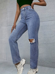 Neon Green Star Print Patch Pocket Straight Leg Jeans Ripped High Rise Washed