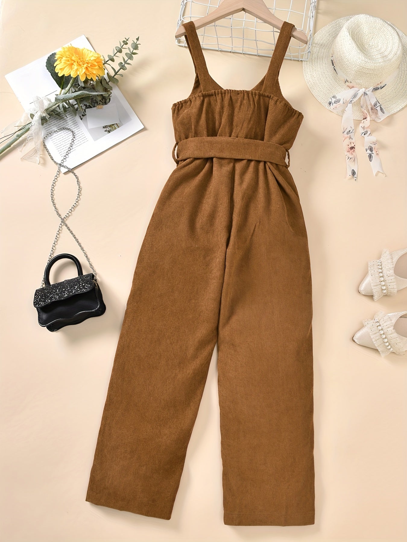 Kids Girls Suspender Overalls Casual Khaki Pants With Bow Belt