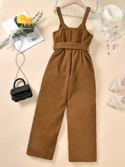 Kids Girls Suspender Overalls Casual Khaki Pants With Bow Belt