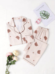 Bear Print Pajama Set Long Sleeve Top & Pants Women's Sleepwear