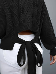 Solid Cable Knit Lantern Sleeve Top with Bow Back