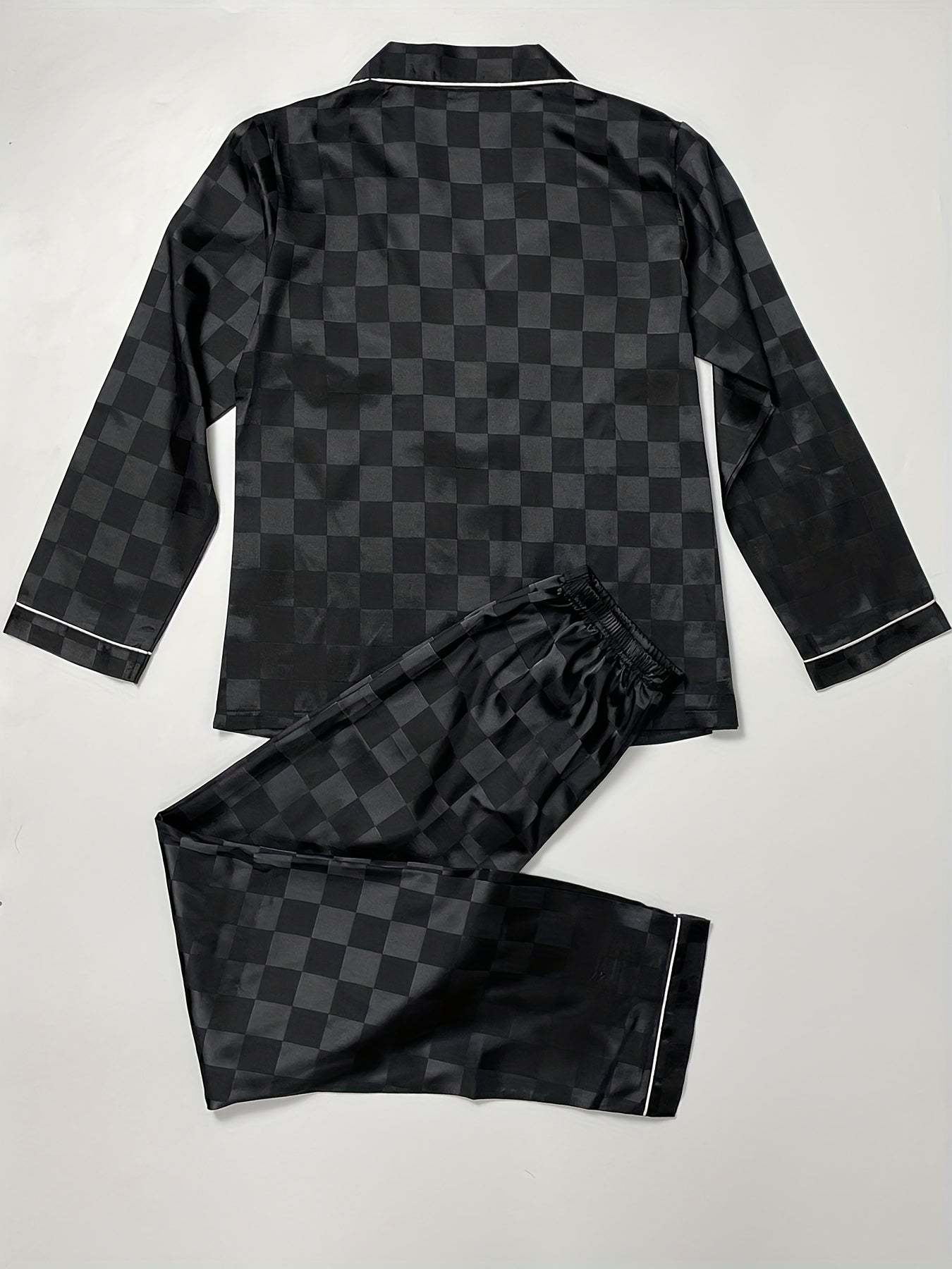 Plaid Satin Pajama Set Long Sleeve Top & Pants Women's Sleepwear