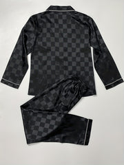 Plaid Satin Pajama Set Long Sleeve Top & Pants Women's Sleepwear