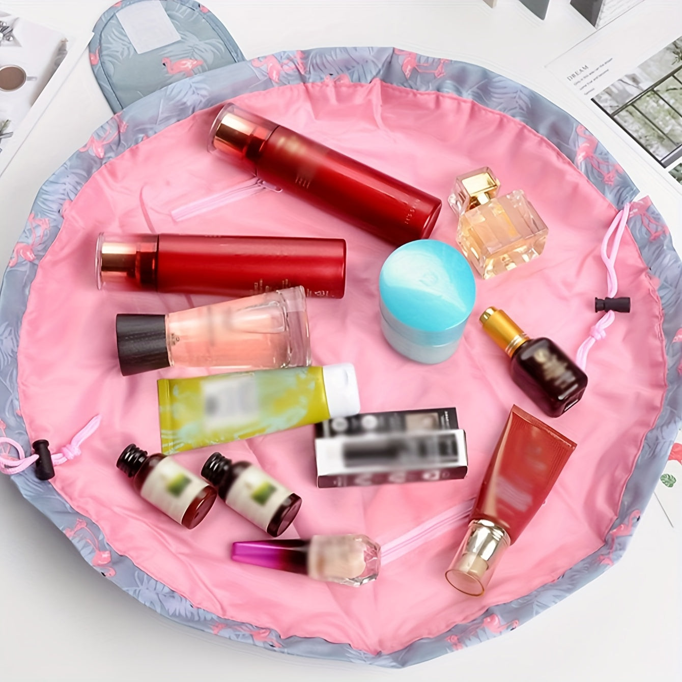 Flamingo Drawstring Makeup Bag Travel Toiletry Organizer