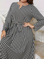 Houndstooth Print Long Sleeve Maxi Dress With Belt