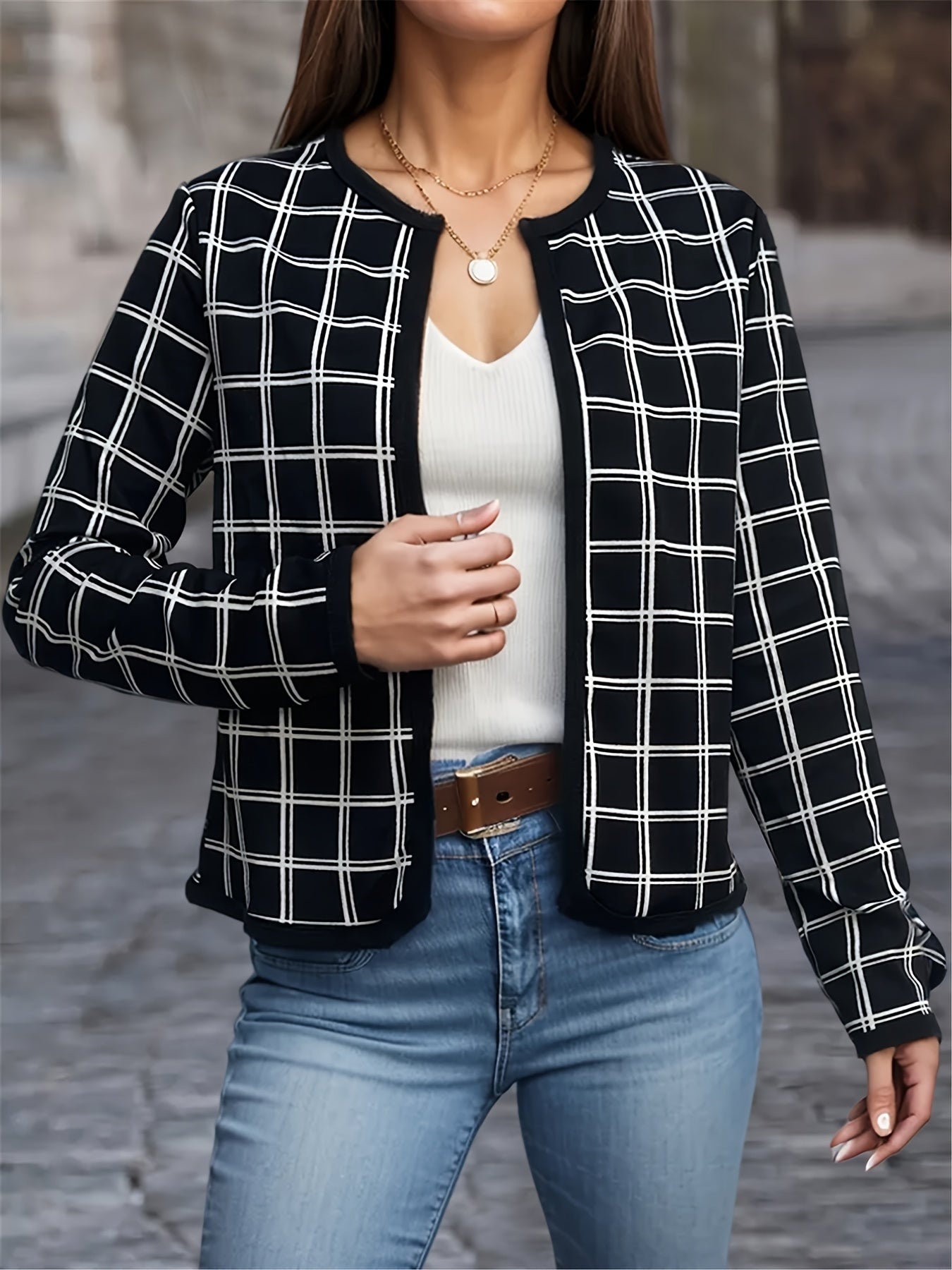 Plaid Open Front Jacket Casual Contrast Trim Jacket for Spring & Fall