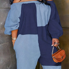 Colorblock Off Shoulder Lantern Sleeve Romper