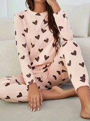 Heart Print Pajama Set Long Sleeve Top & Pants Women's Sleepwear