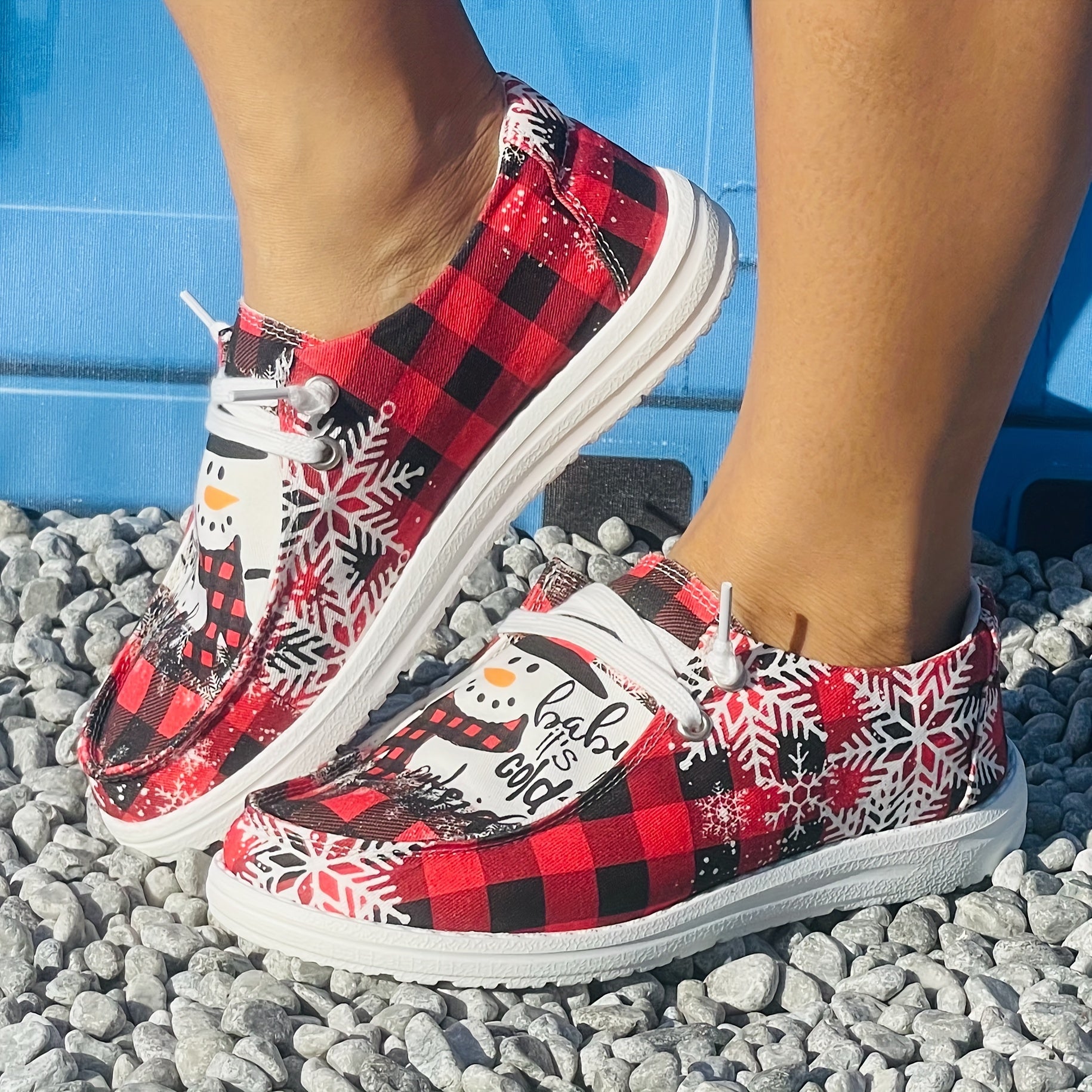 Women's Christmas Snowman & Red Checkered Print Skateboard Shoes