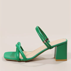 Women's Cross Strap Square Toe Sandals Chunky Heels