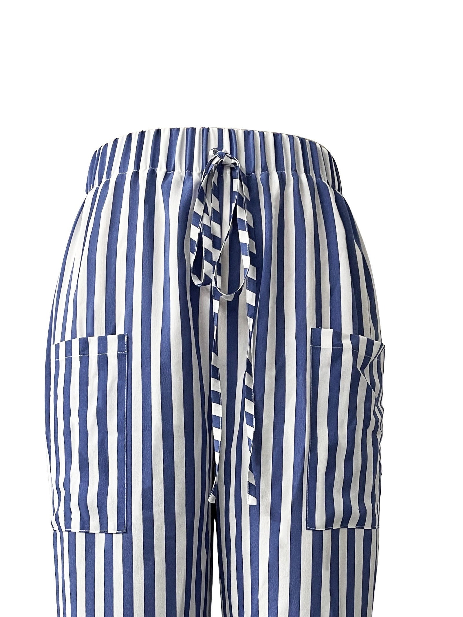 Striped Patched Pockets Drawstring Pants Casual Loose Button Decor Pants