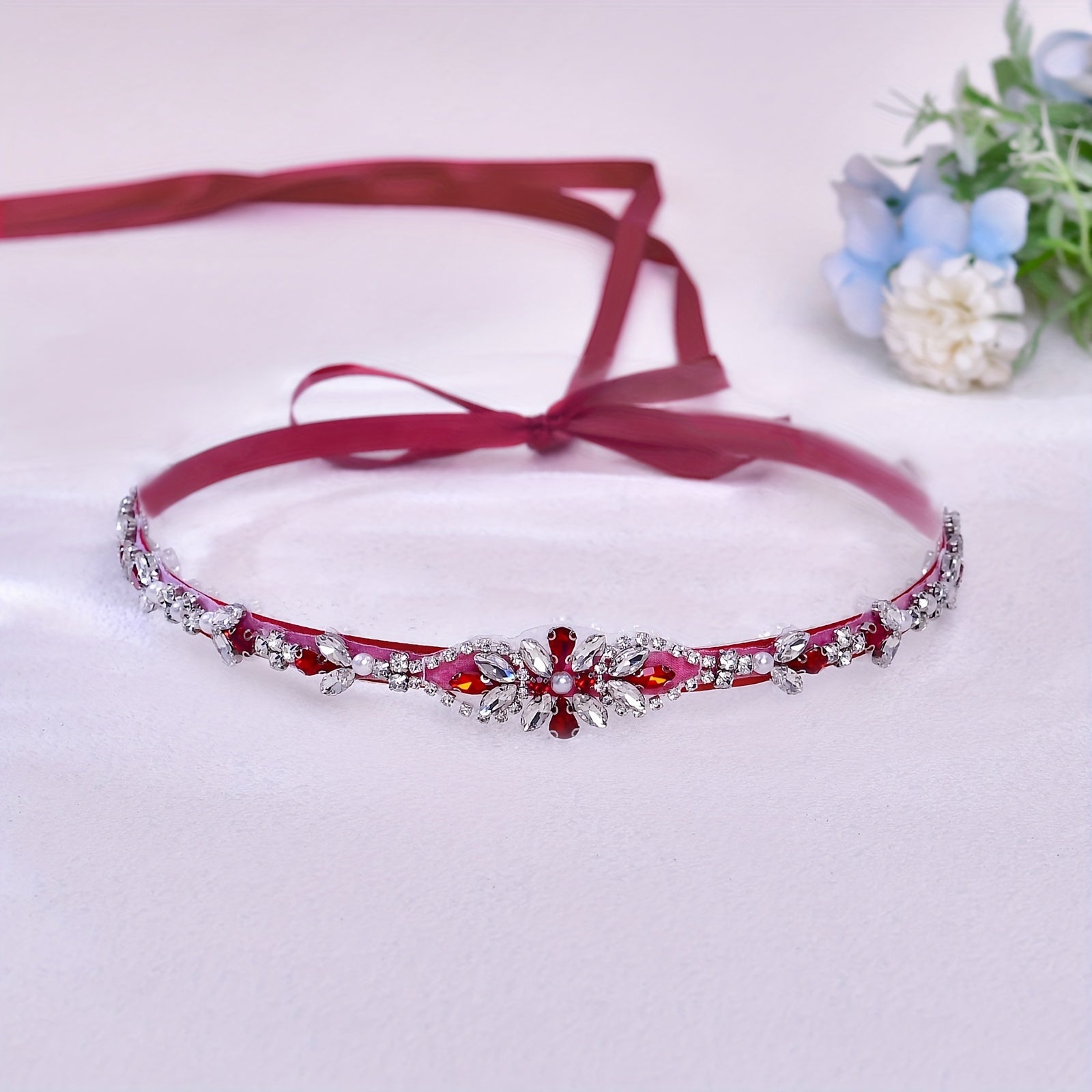 Red Ribbon Bridal Belt with Rhinestones for Weddings & Parties