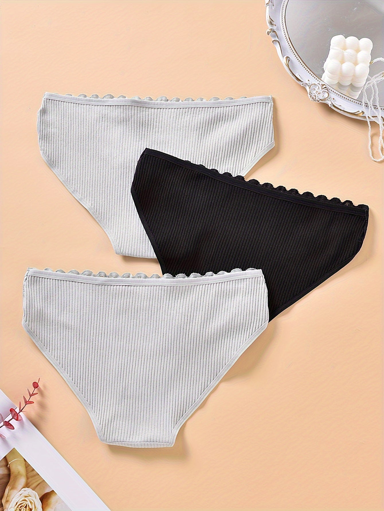 3 Pack Plus Size Ribbed Paisley Lace Briefs Set