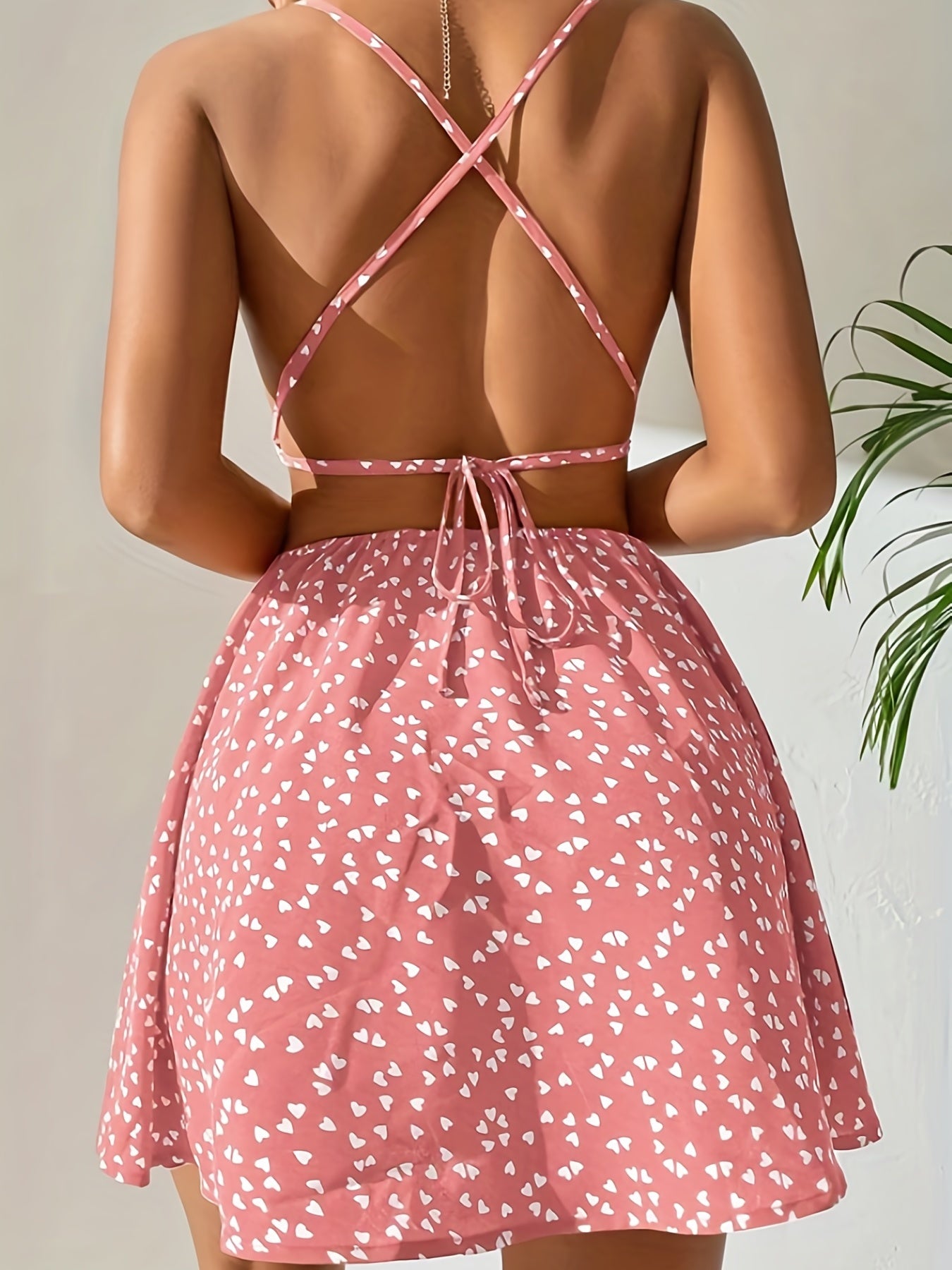 Heart Print Dress Backless Spaghetti Strap Women's Clothing