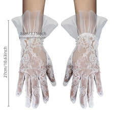 Lace Floral Short Gloves with Faux Pearl Inlay for Women