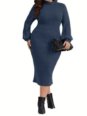 Ribbed Lantern Sleeve Bodycon Midi Dress