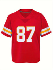 Youth 87 Red Football Jersey V neck Short Sleeve Uniform