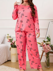 Heart Print Pajama Set Round Neck Top & Pants Two Piece Set