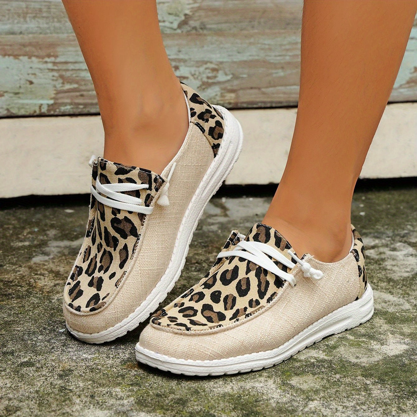 Leopard Print Canvas Lace-Up Sneakers for Women