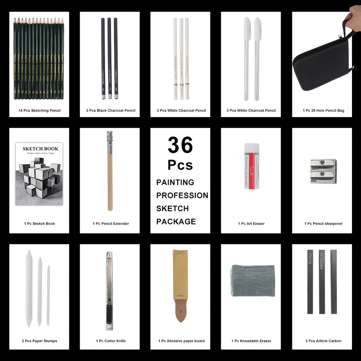 Seamiart 36pc Charcoal Pencils Sketch Set 6H-12B Sketch Book Art Supplies