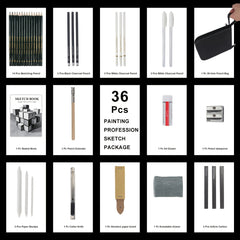 Seamiart 36pc Charcoal Pencils Sketch Set 6H-12B Sketch Book Art Supplies