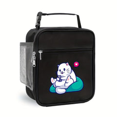 Cat Print Bento Bag Insulated Lunch Box Zipper Closure Large Capacity