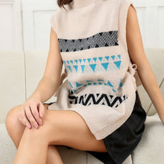 Tribal Print Knotted Vest Crew Neck Split Sleeveless