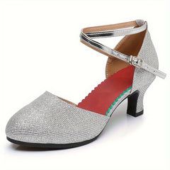 Women's Silver Mid Heel Latin Dance Shoes Closed Toe
