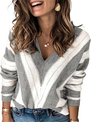 V Neck Block Knit Sweater Long Sleeve Casual