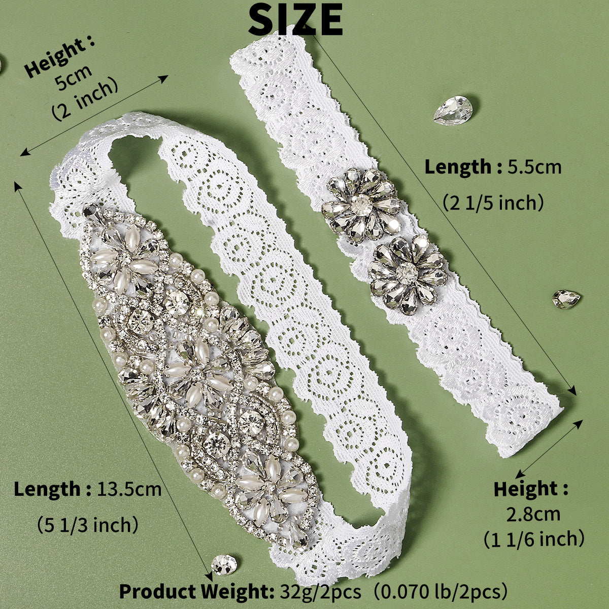Stretch Lace Bridal Garter Sets With Rhinestones & Faux Pearl - 2pcs set