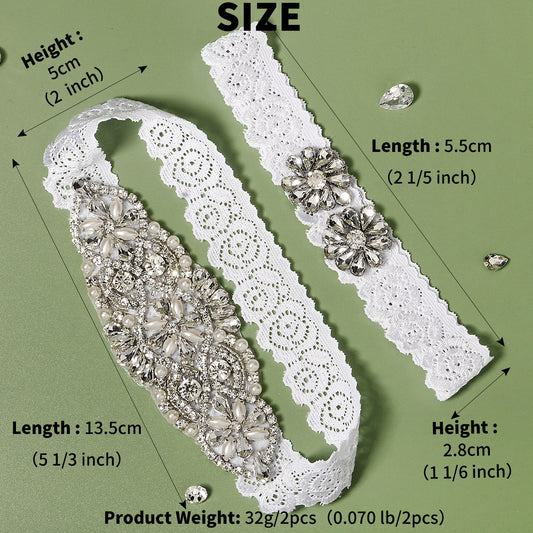 Stretch Lace Bridal Garter Sets With Rhinestones & Faux Pearl - 2pcs set
