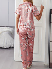Floral Print Pajama Set Short Sleeve Button Top & Pants