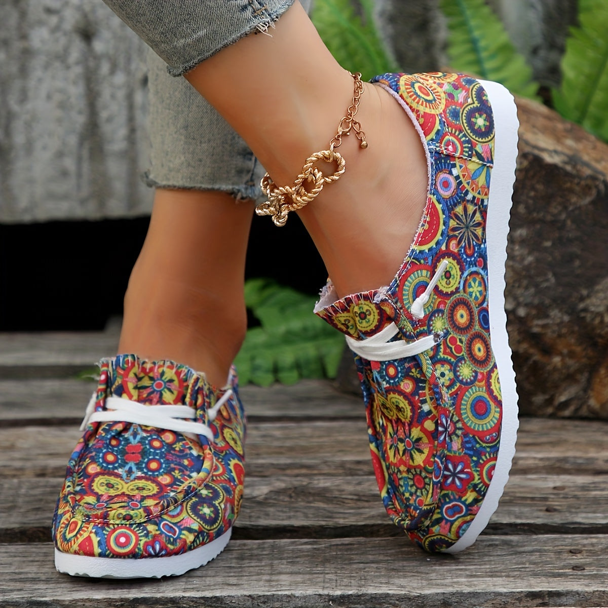 Floral Print Canvas Lace Up Sneakers Lightweight Low Top Shoes