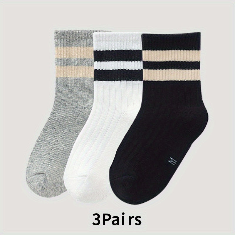3Pairs Children's Unisex Striped Crew Socks Odor Proof Breathable Student Socks