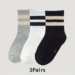 3Pairs Children's Unisex Striped Crew Socks Odor Proof Breathable Student Socks