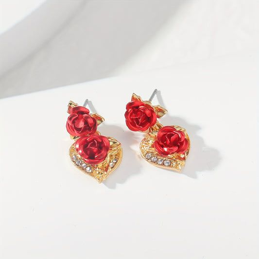 Heart Rose Flower Stud Earrings Rhinestone Decor