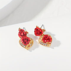 Heart Rose Flower Stud Earrings Rhinestone Decor