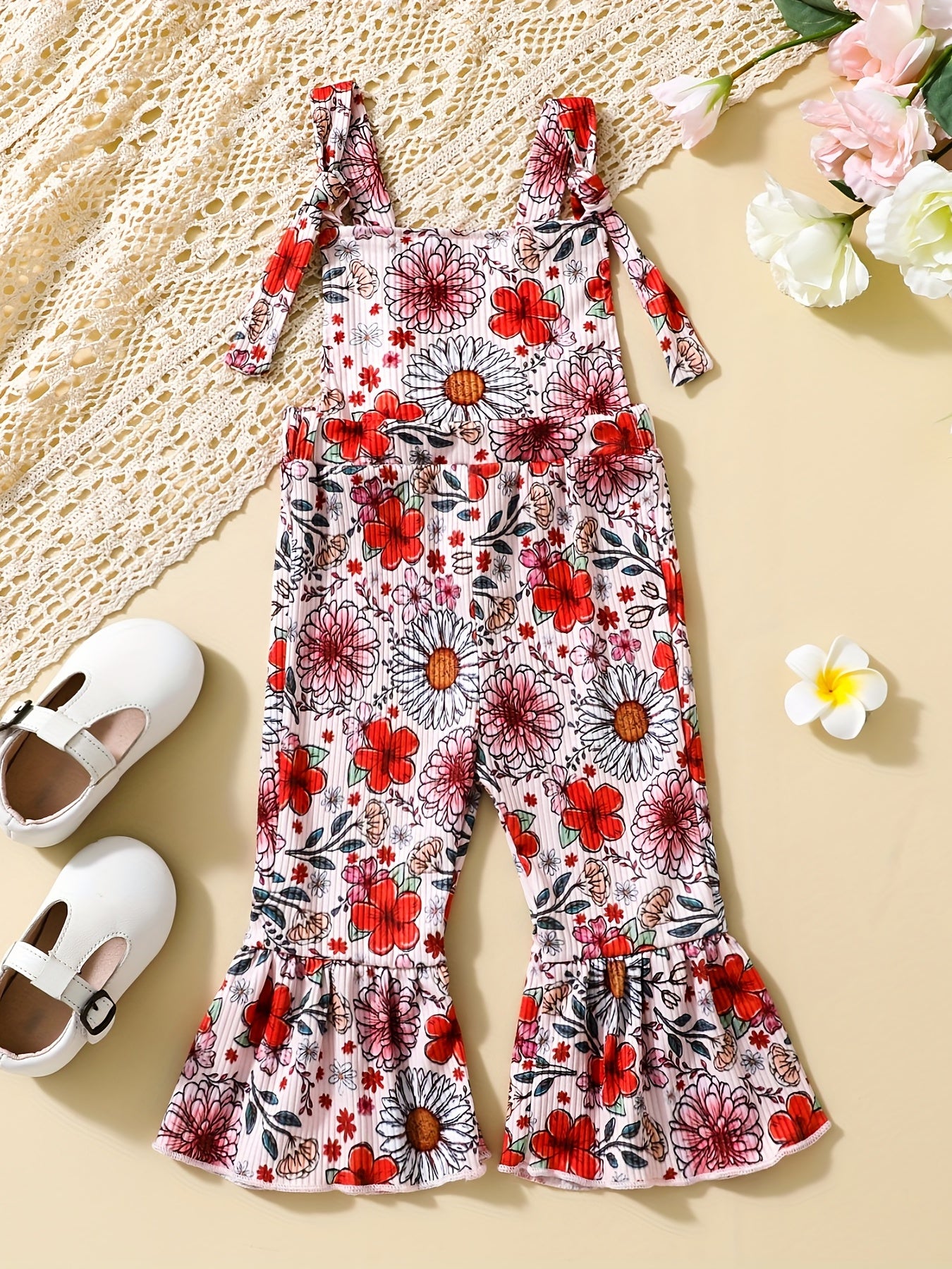 Floral Print Baby Girls Flared Overalls Suspender Bell Bottom Pants