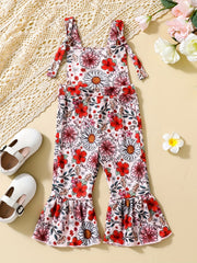 Floral Print Baby Girls Flared Overalls Suspender Bell Bottom Pants