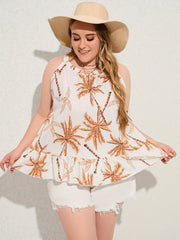 Coconut Tree Print Ruffle Trim Tank Top Plus Size