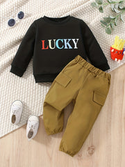 Baby Boy's LUCKY Print Outfit 2pcs Sweatshirt & Cargo Pants Set Infant's Clothes